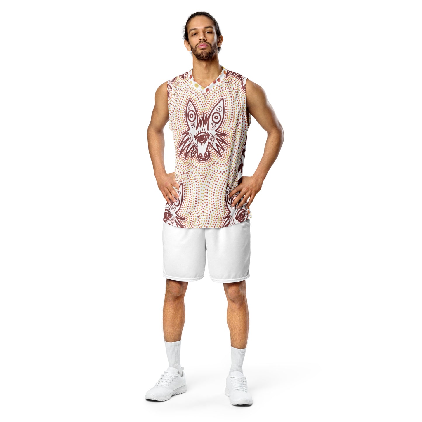 Recycled unisex basketball jersey Aboriginal design wolf