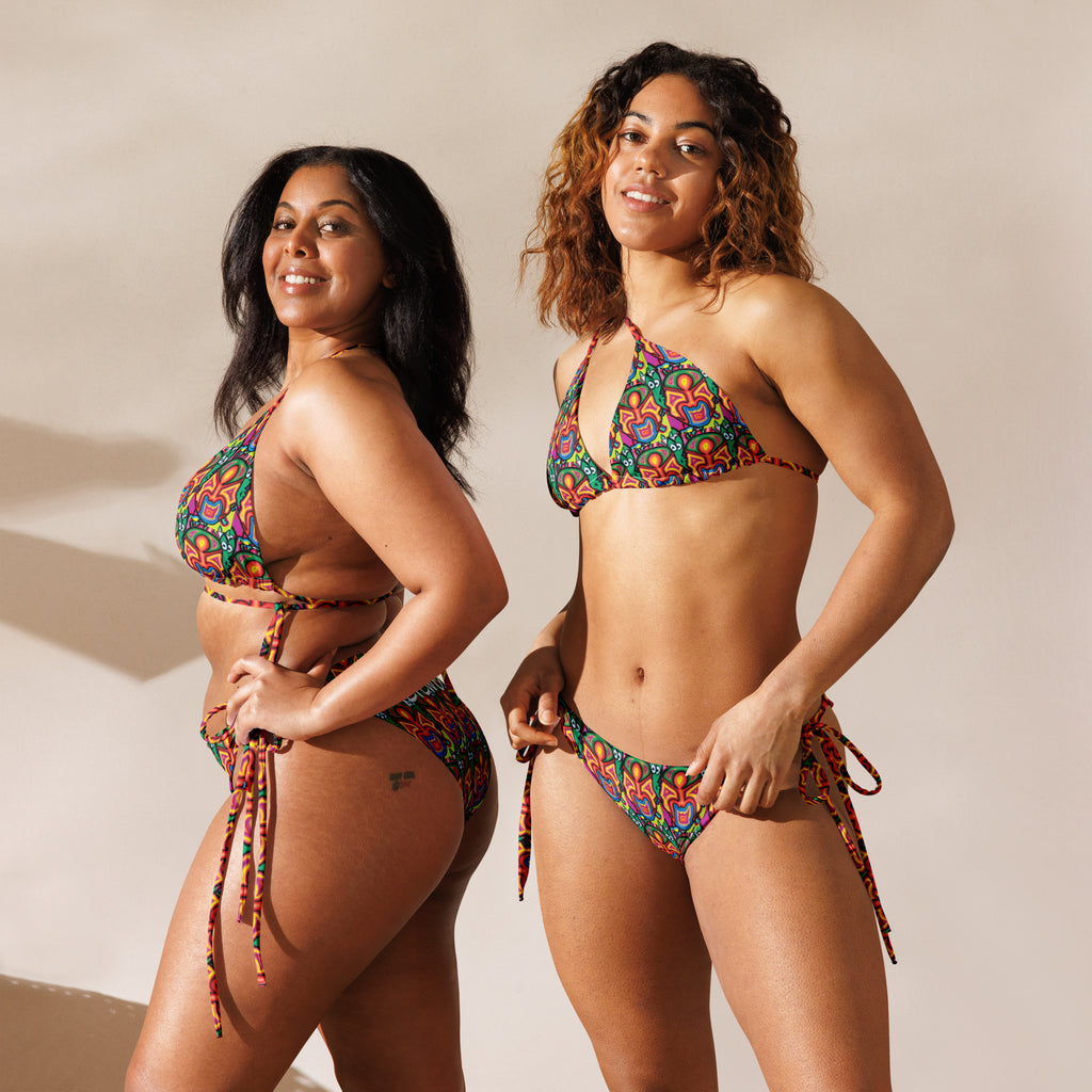 Inca design All-over print recycled string bikini