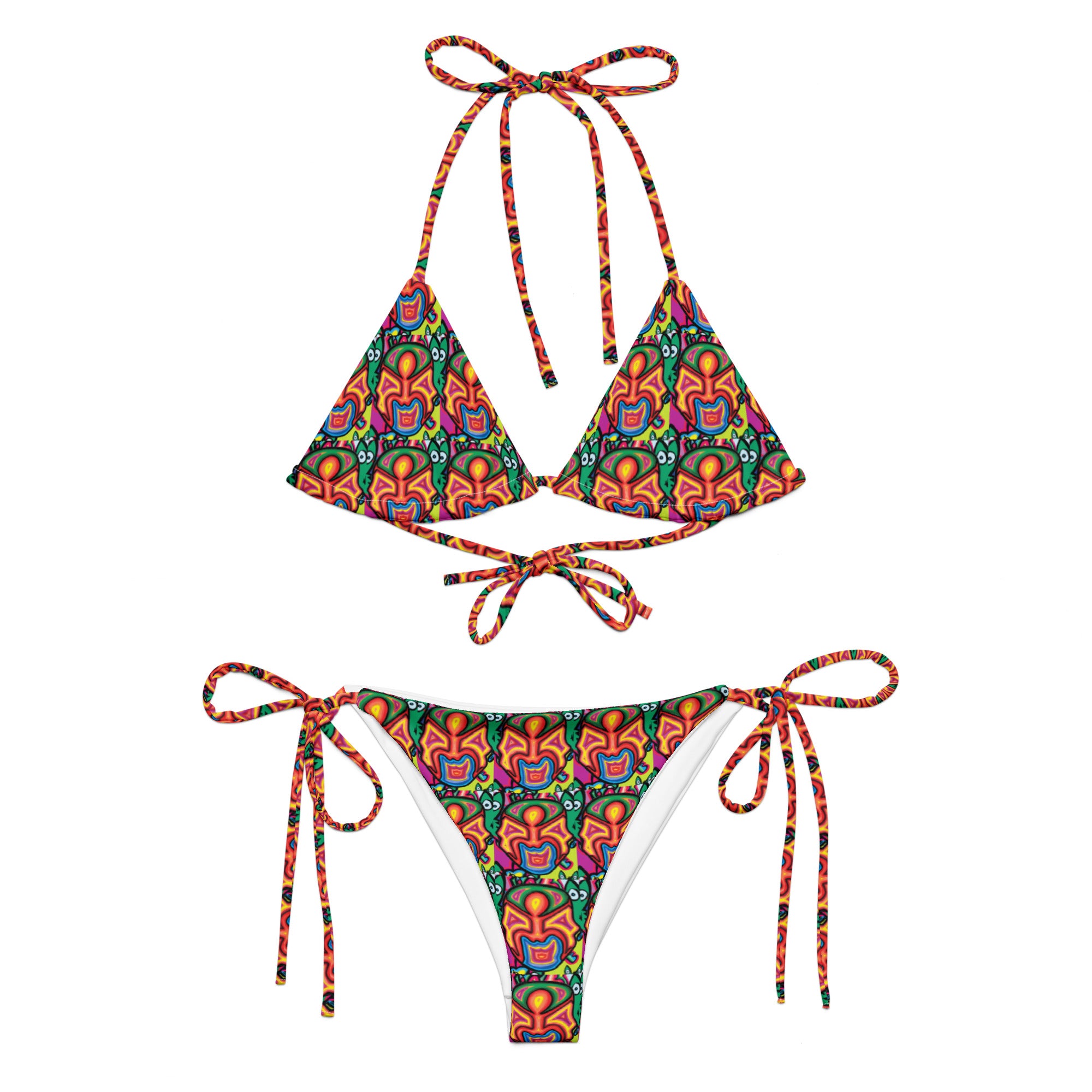 Inca design All-over print recycled string bikini
